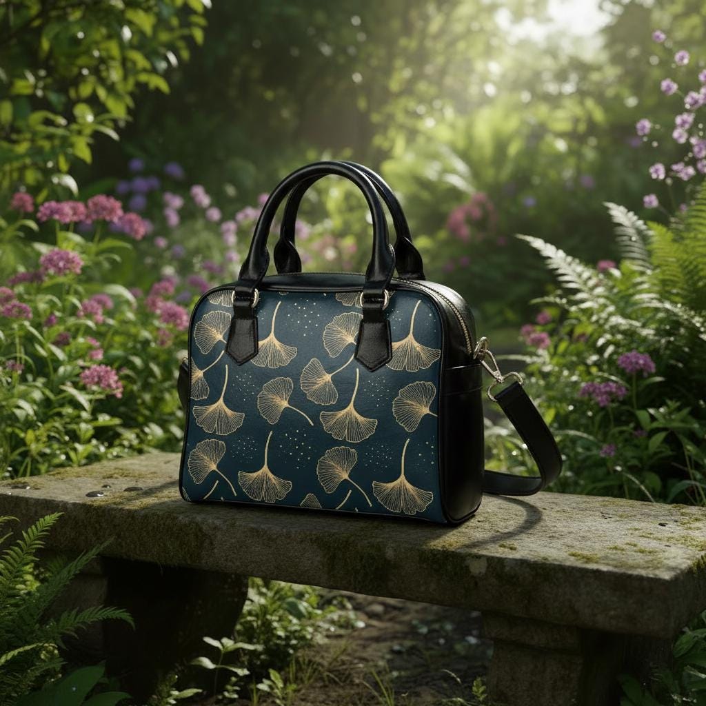 Black Gold Ginkgo Leaves Shoulder Handbag – Botanical Vegan PU Leather Handbag