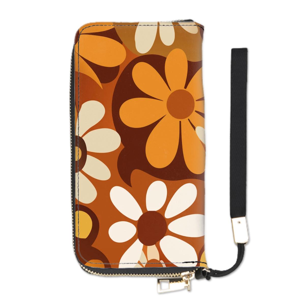 Retro 70s Flowers Clutch Wallet – Brown Orange Bold Floral Women’s Purse