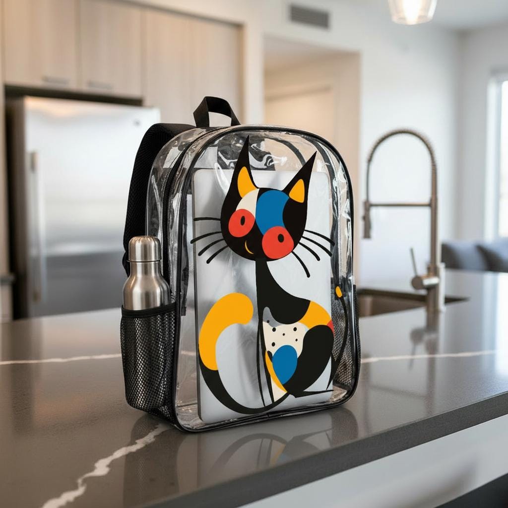 Transparent PVC Backpack with Abstract Cat Print, 17 Inch with Side Pockets