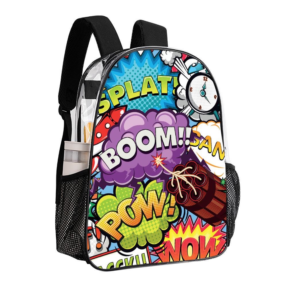 Comic Style School Travel Business Daypack - Clear PVC Backpack with Side Pockets