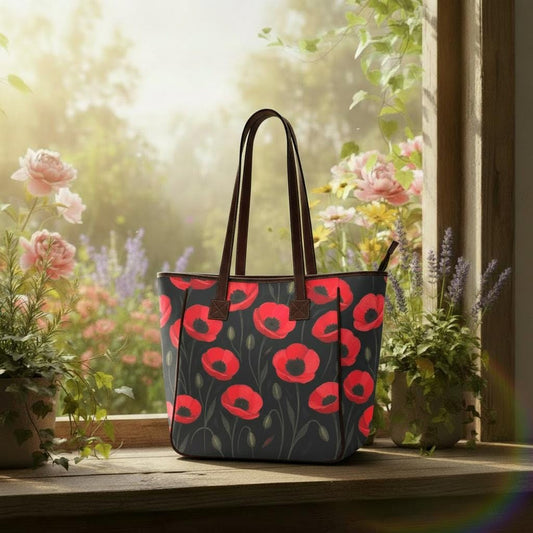 Black Red Poppies Large Tote Bag – Dark Academia Floral Style Handbag