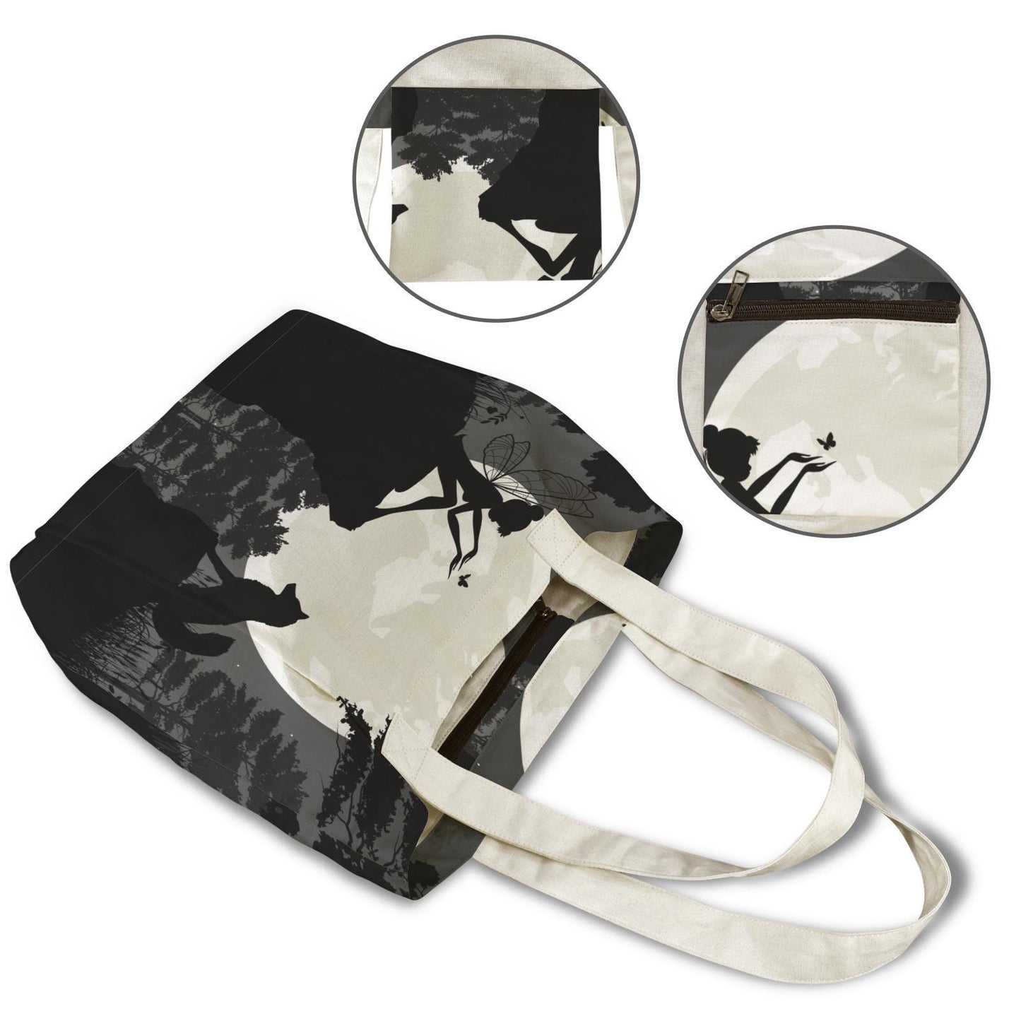 Fairy Forest Wolf Yoga Tote Bag with Mat Holder – Black White Silhouette Fairycore