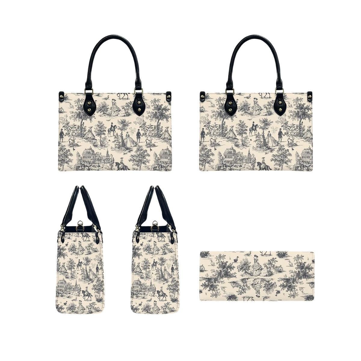 Toile de Jouy Handbag in 3 Sizes - Black White French Vintage Shoulder Bag