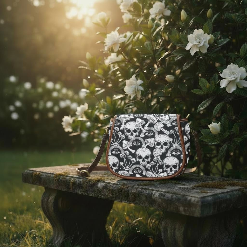 Extravagante schwarz-weiße Totenköpfe Umhängetasche – Große Gothic Alternative Schulterhandtasche