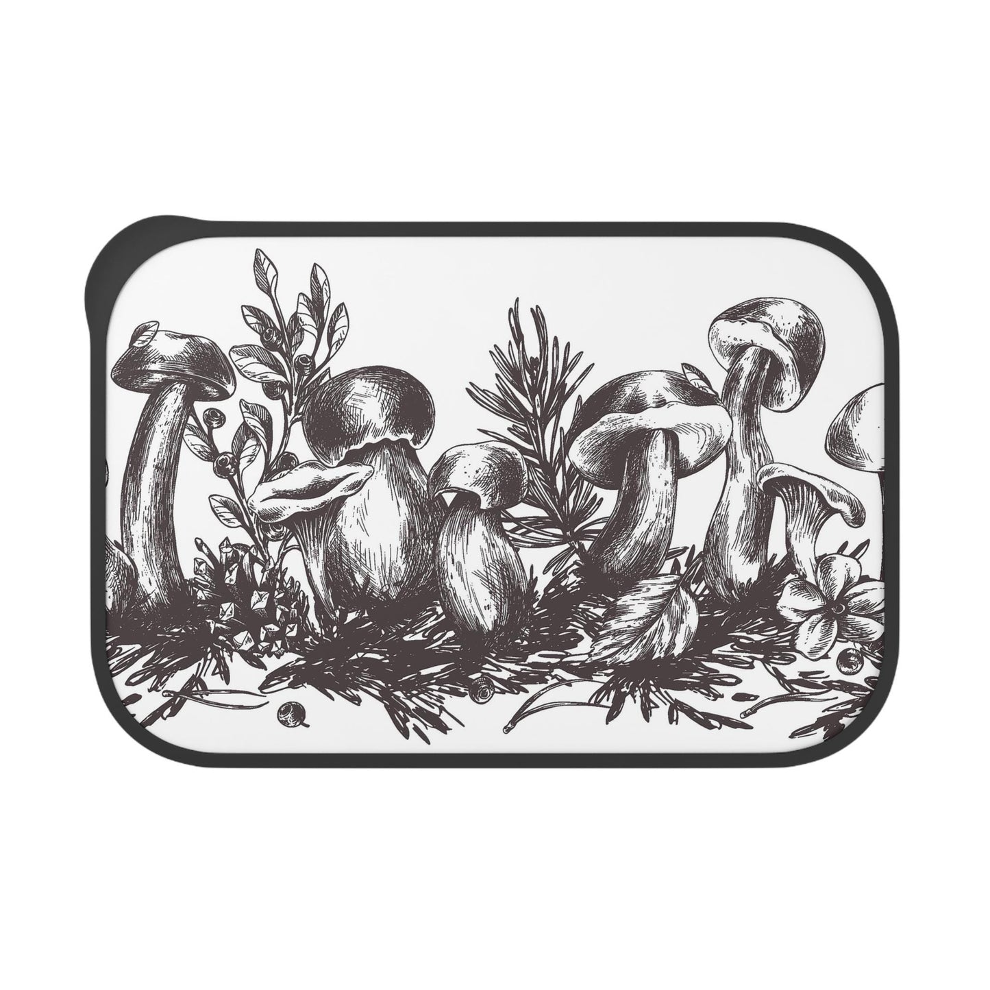 Black White Mushroom Bento Box: Botanical Vegan Lunch Kit with Cutlery