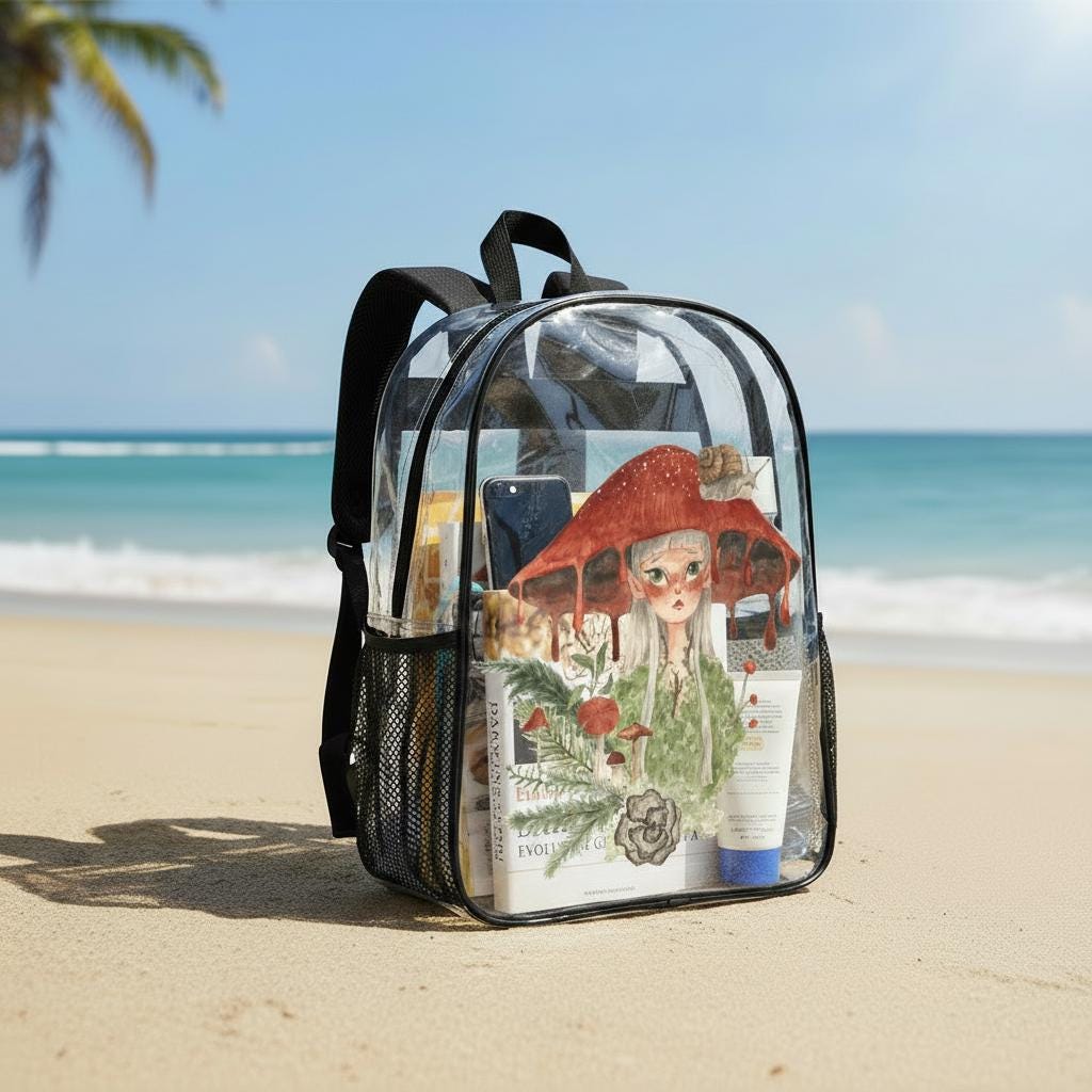 Fairycore Clear PVC Backpack, Mushroom Forest Daypack, Mesh Side Pockets