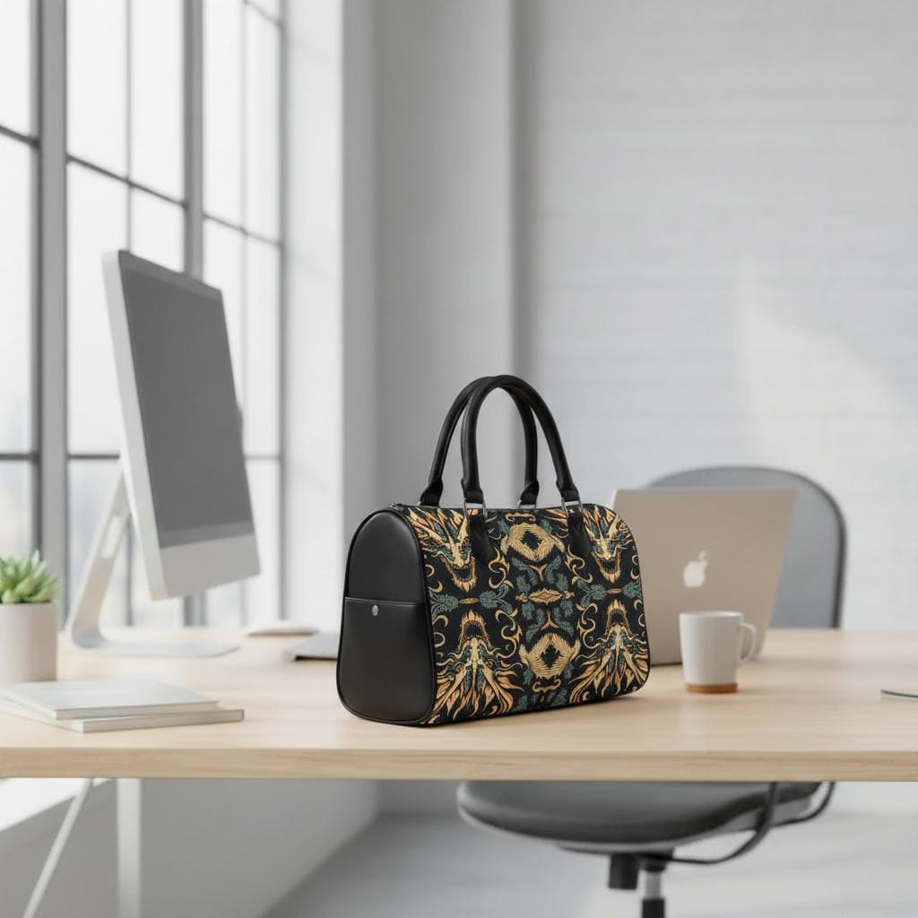 Asian Dragon Print Barrel Handbag – Black Gold Everyday Bag
