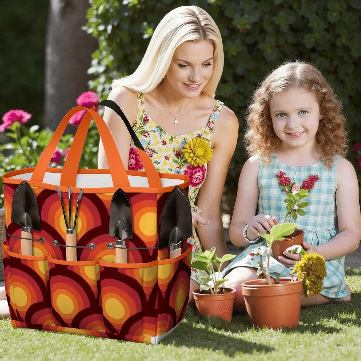 Retro 70s Gardening Tool Organizer Bag – Orange Flower Power Tote