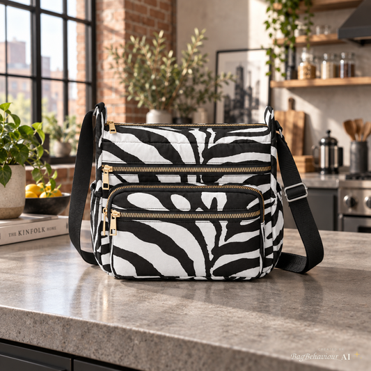 Black White Zebra Multi-Pocket Crossbody Bag - Animal Print Canvas