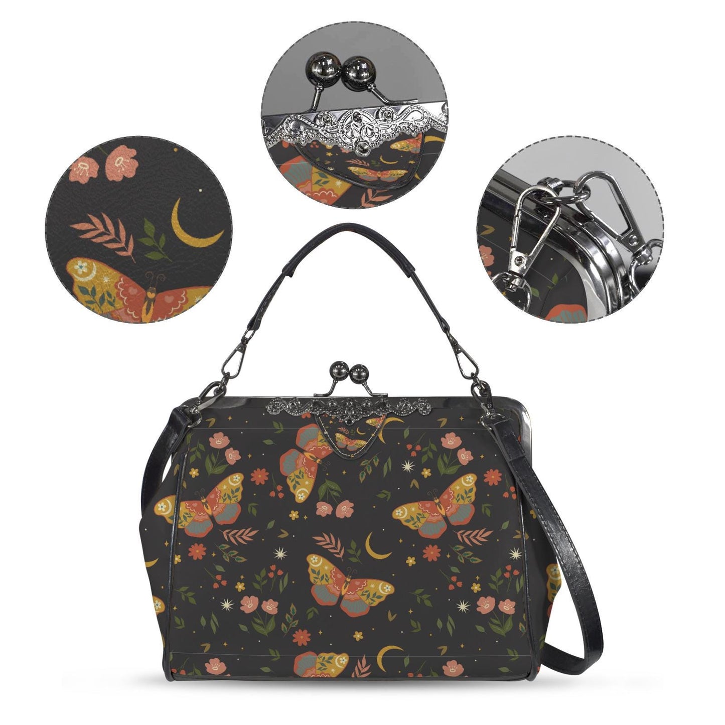 Dark Academia Moths Kisslock Handbag – Vintage Style Crossbody Purse