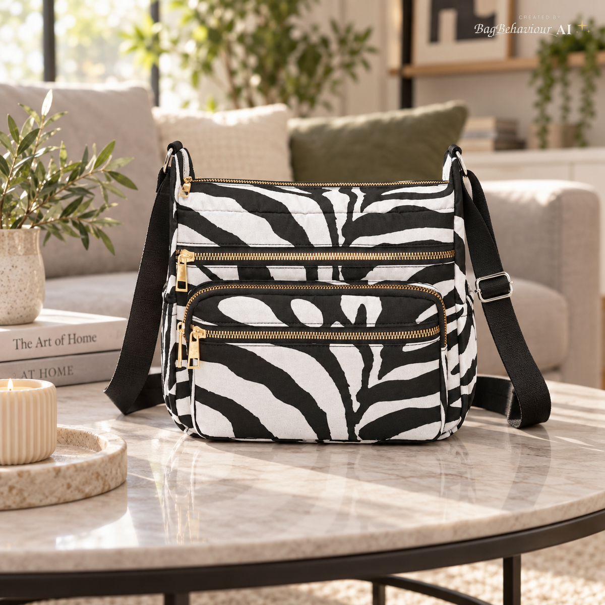 Black White Zebra Multi-Pocket Crossbody Bag - Animal Print Canvas
