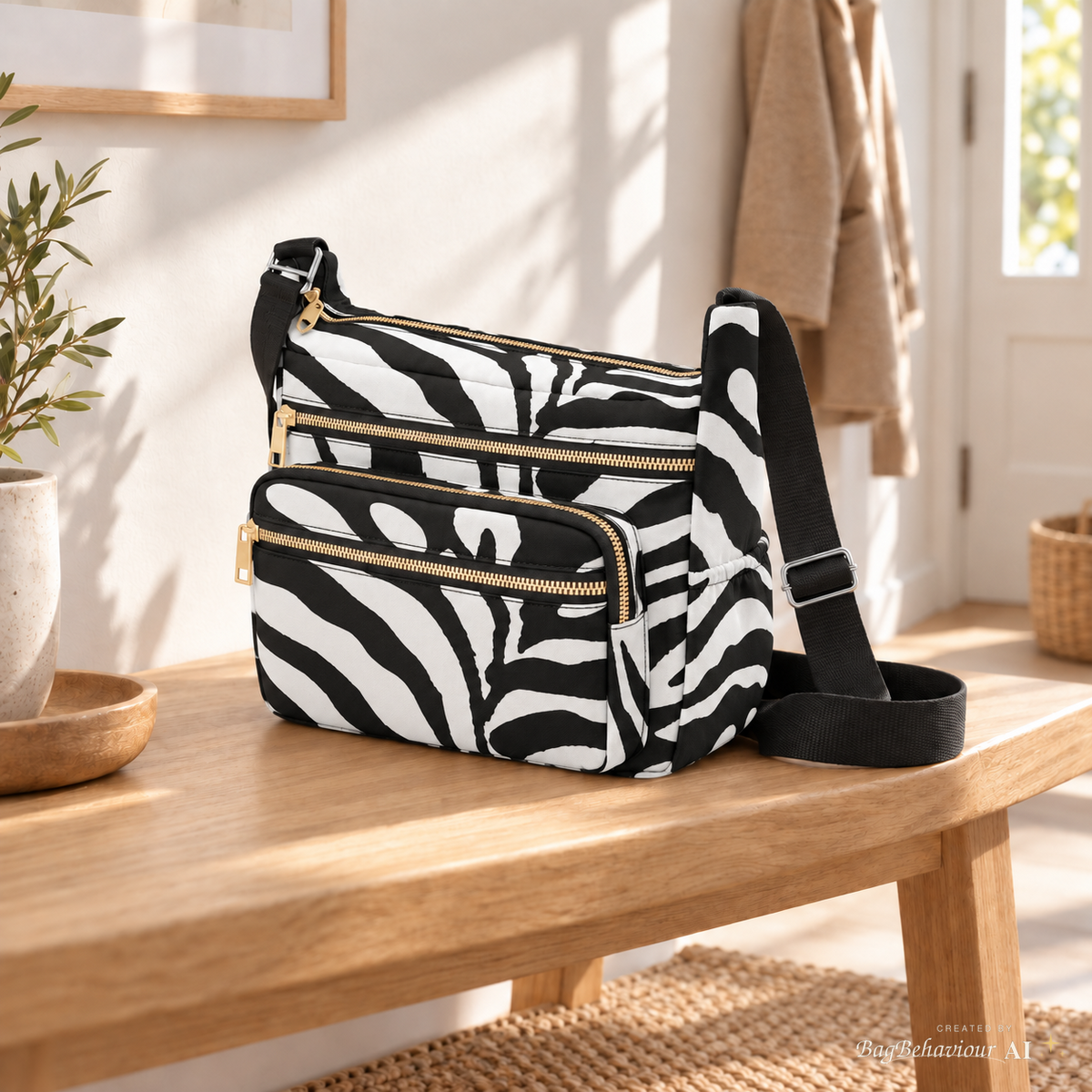 Black White Zebra Multi-Pocket Crossbody Bag - Animal Print Canvas