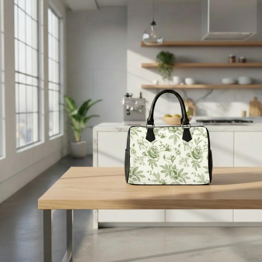 Sac à main tonneau Toile de Jouy vert et blanc – Sac à main quotidien vintage français à motif floral