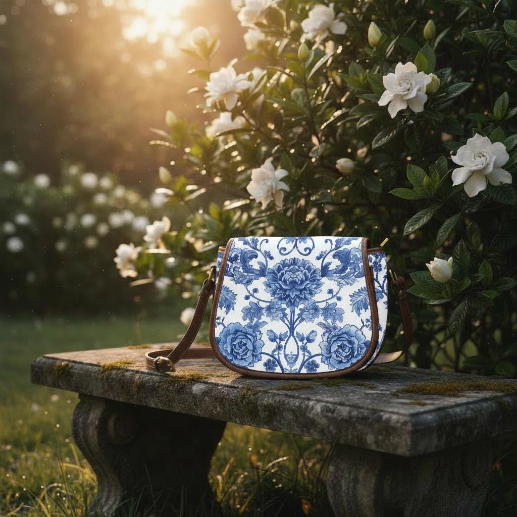 Toile de Jouy Vintage Saddle Bag - French Vintage Style Crossbody