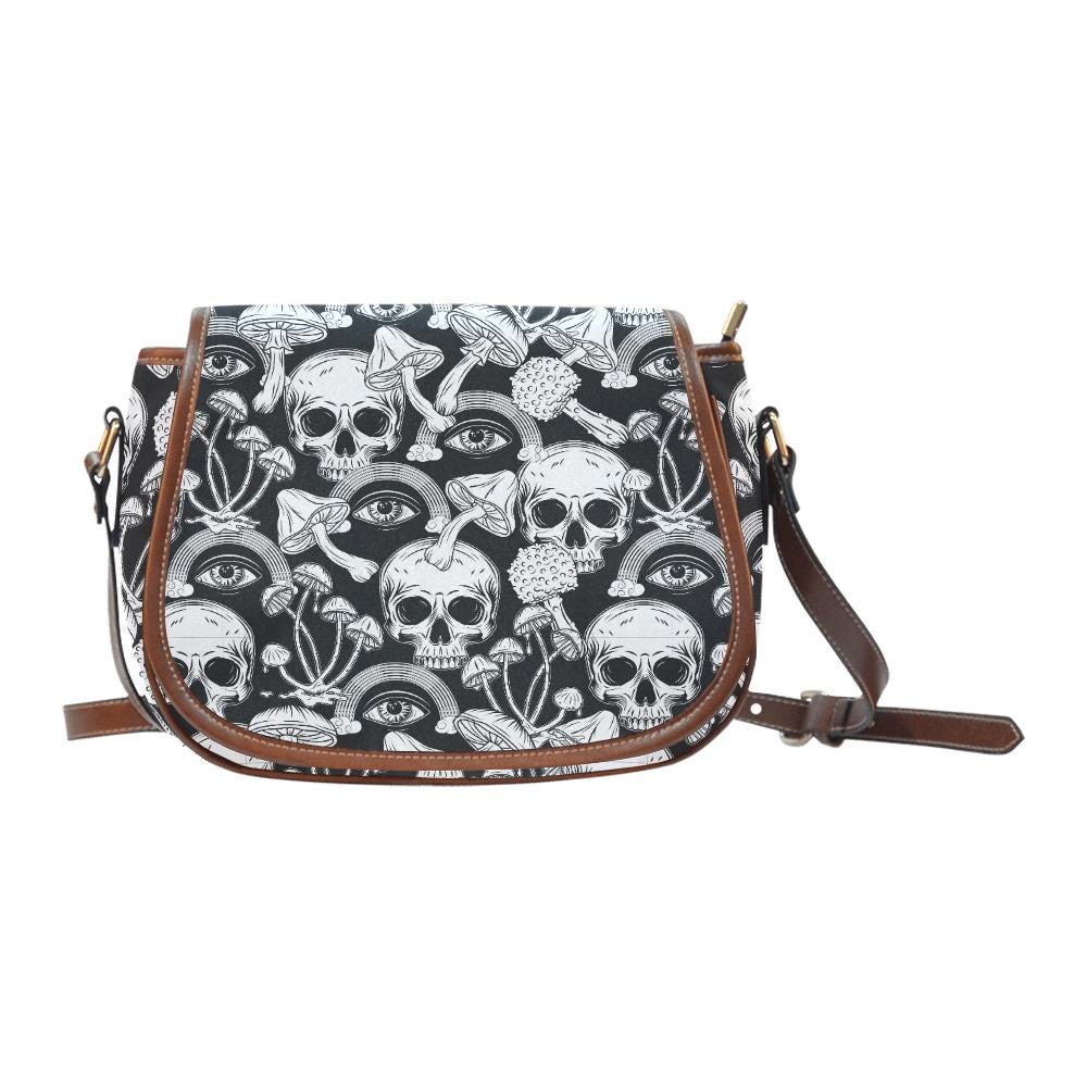 Extravagante schwarz-weiße Totenköpfe Umhängetasche – Große Gothic Alternative Schulterhandtasche