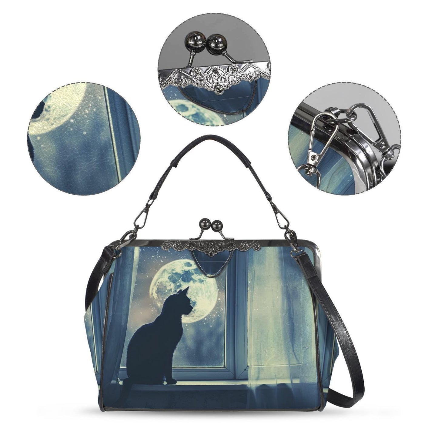 Black Cat Moon Dark Academia Kisslock Bag – Gothic Night Crossbody Handbag