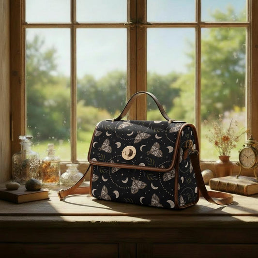 Dark Academia Moths & Moon Stars Canvas Crossbody Bag – Gothic Vintage Handbag