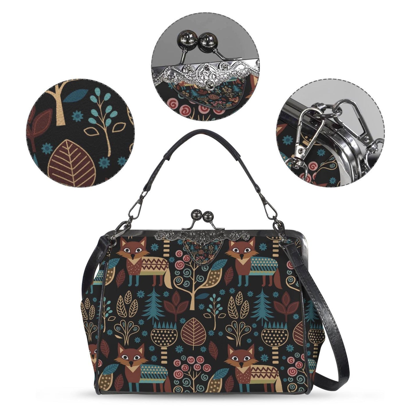 Retro Folkloric Kisslock Crossbody Purse – Nordic Scandi Forest Look