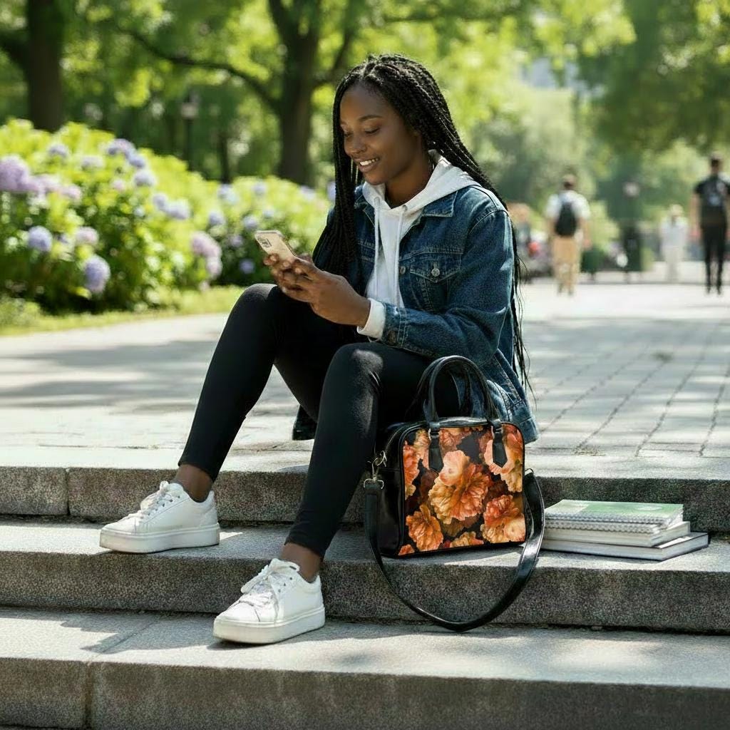 Bold Orange Peony Flowers Top Handle Shoulder Handbag
