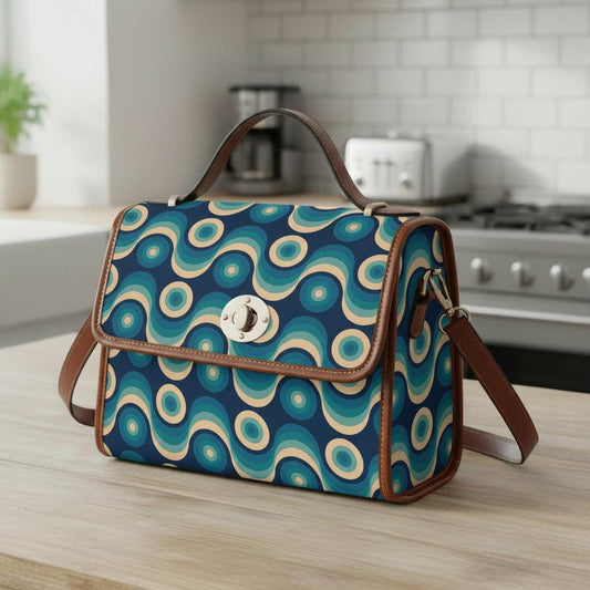 Retro 70s Canvas Crossbody Bag – Blue Brown Midcentury Style Handbag