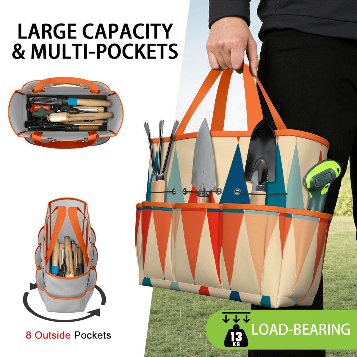 Retro 70s Gardening Tool Organizer Bag – Orange Blue Beige Flower Power Tote