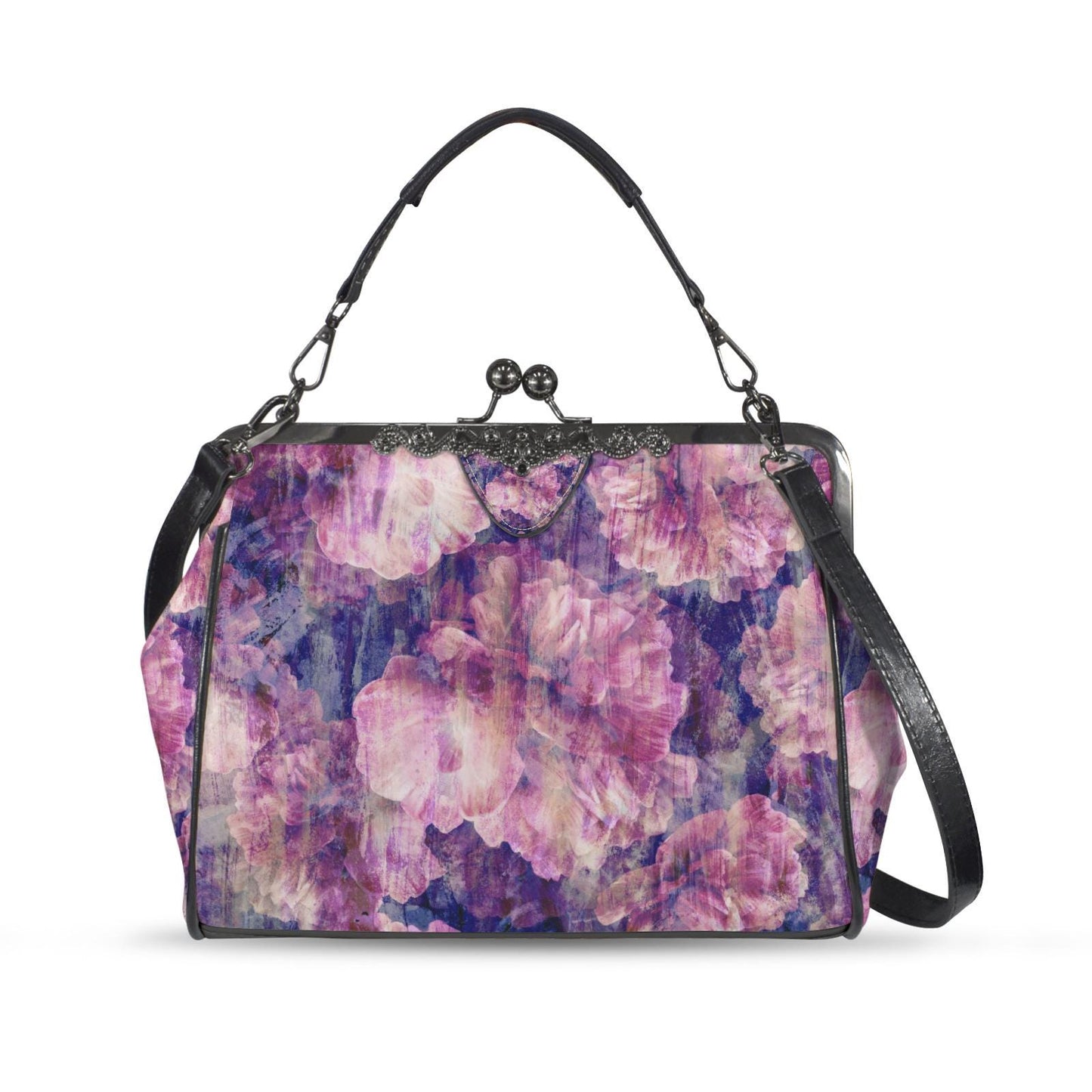 Purple Pink Flowers Kisslock Handbag - Faded Vintage Floral Crossbody Shoulder Bag
