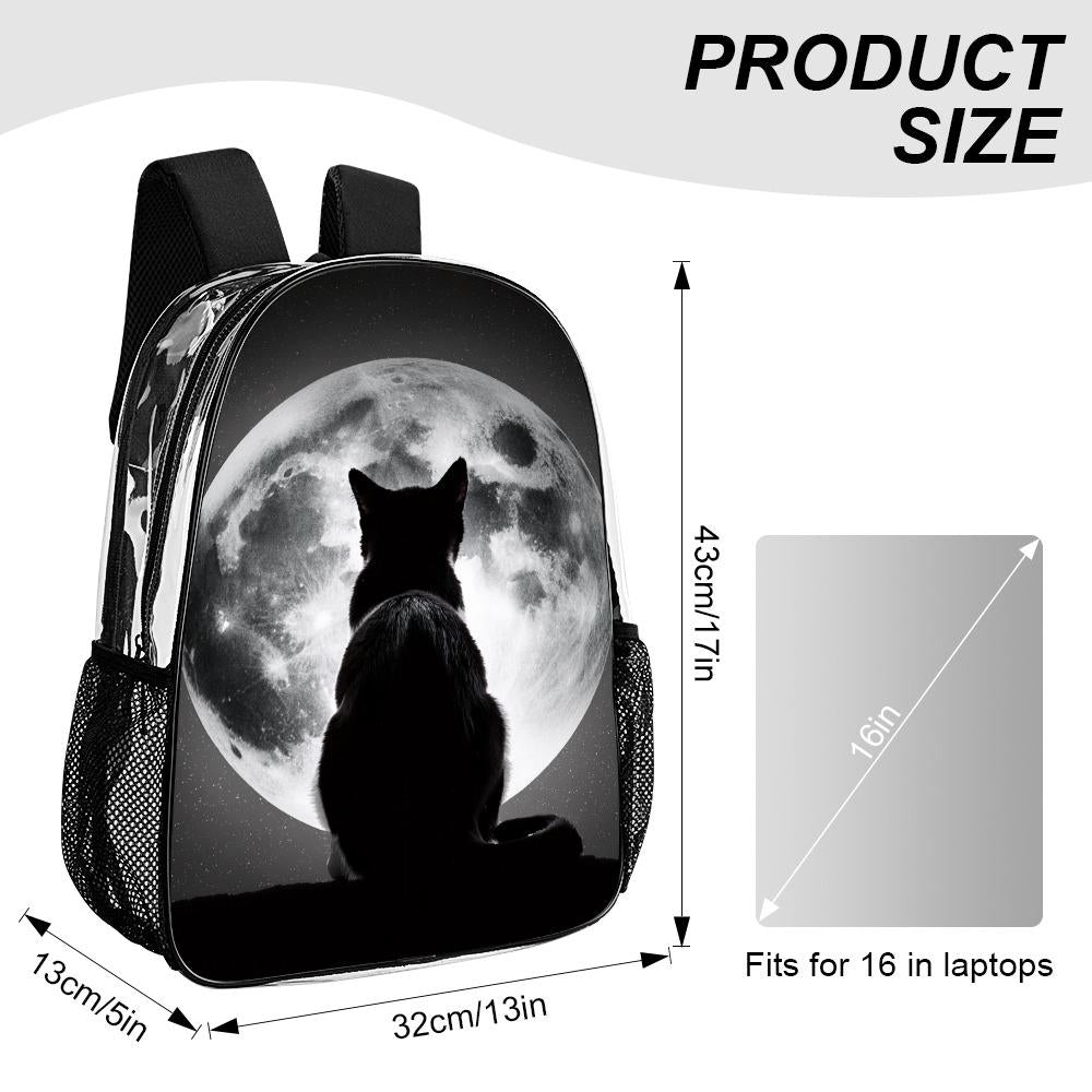 Black Cat & Moon Clear PVC Backpack, School Travel Business Daypack with Side Pockets