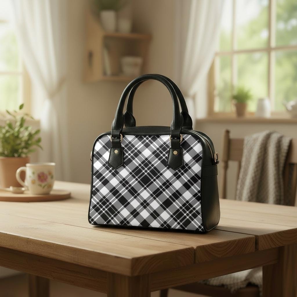 Black White Checkered Shoulder Handbag – Retro 60s Mod Gothic Handbag