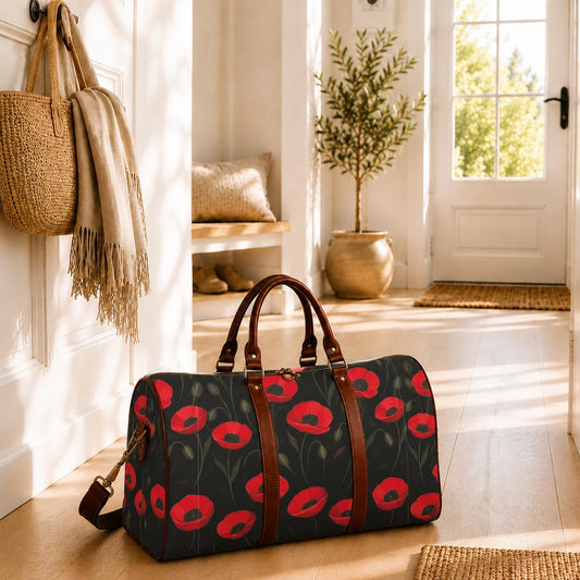 Black Red Poppy Flowers Weekend Travel Duffel Bag – Moody Floral Carry-On Luggage