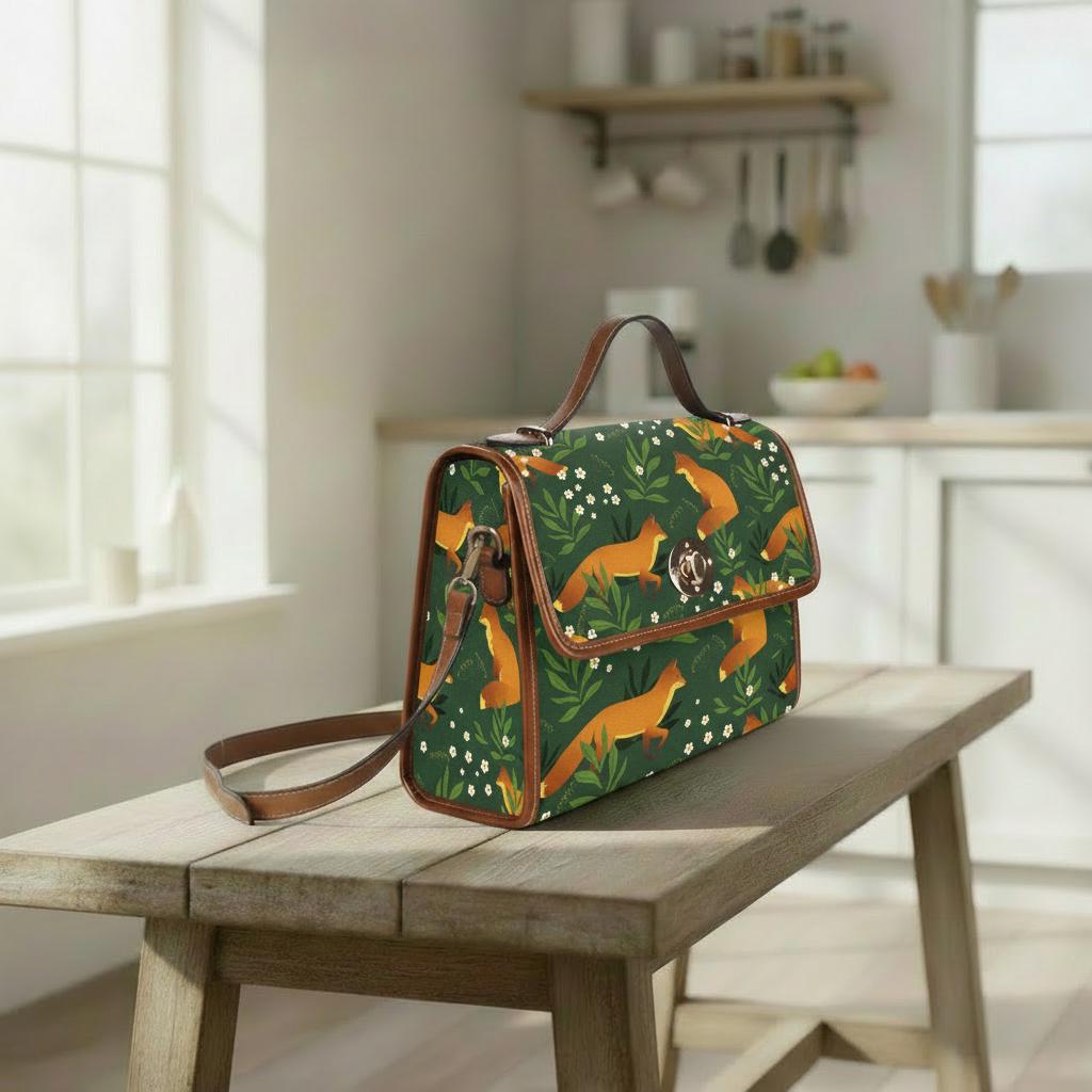 Retro Fox Forest Canvas Crossbody Bag – Green Orange Vintage Style Handbag