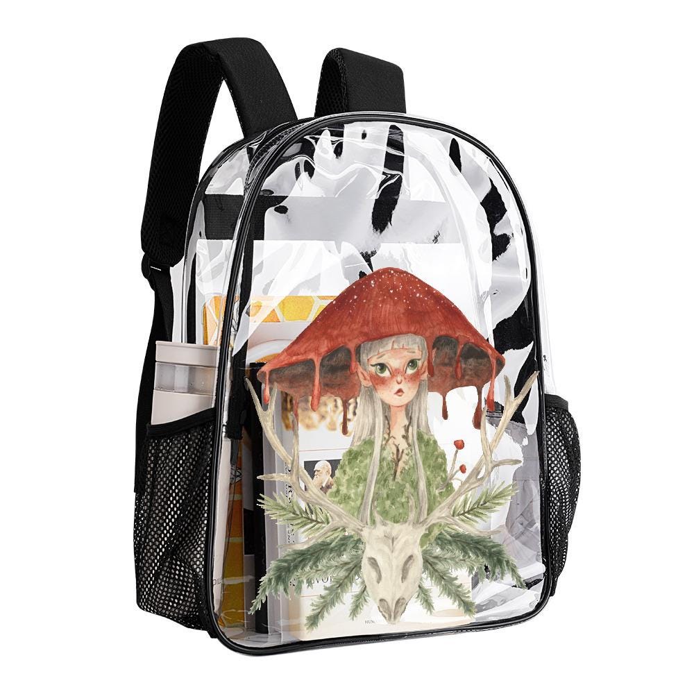 Fairycore Clear PVC Backpack, Mushroom Forest Daypack, Mesh Side Pockets