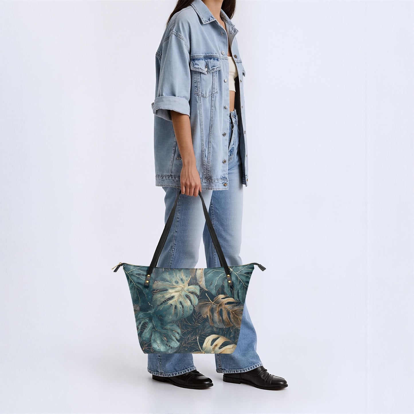 Roomy Tote Bag with Retro Monstera Leaves - Large Shoulder Handbag Shopper