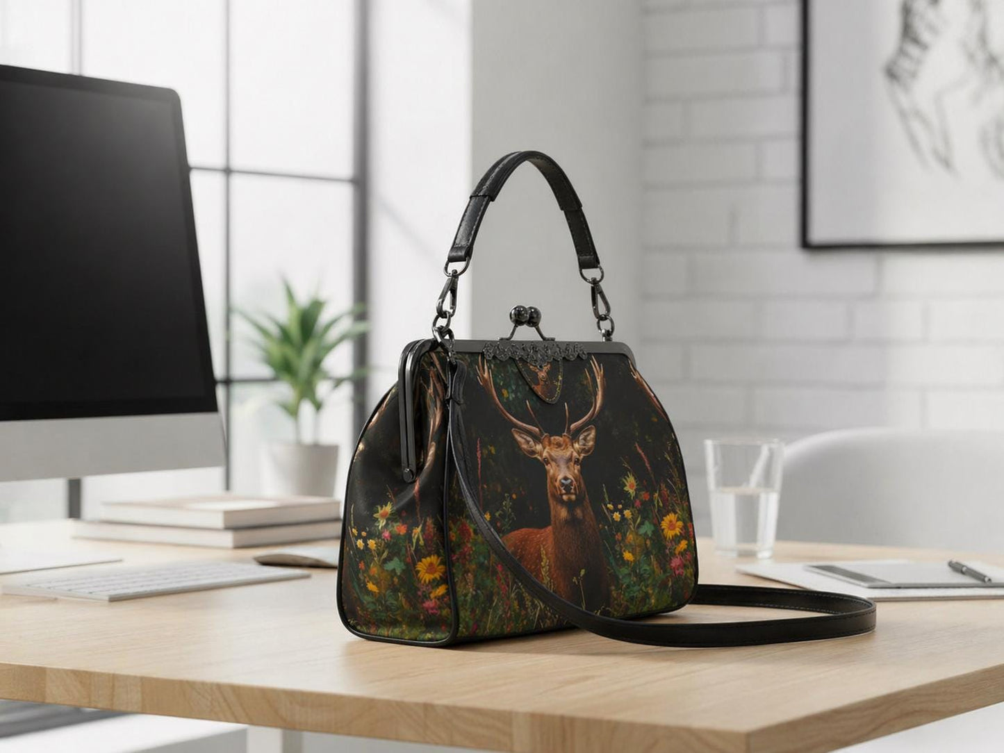 Deer Forest Kisslock Crossbody Shoulder Bag - Dark Academia Nature Lover Handbag