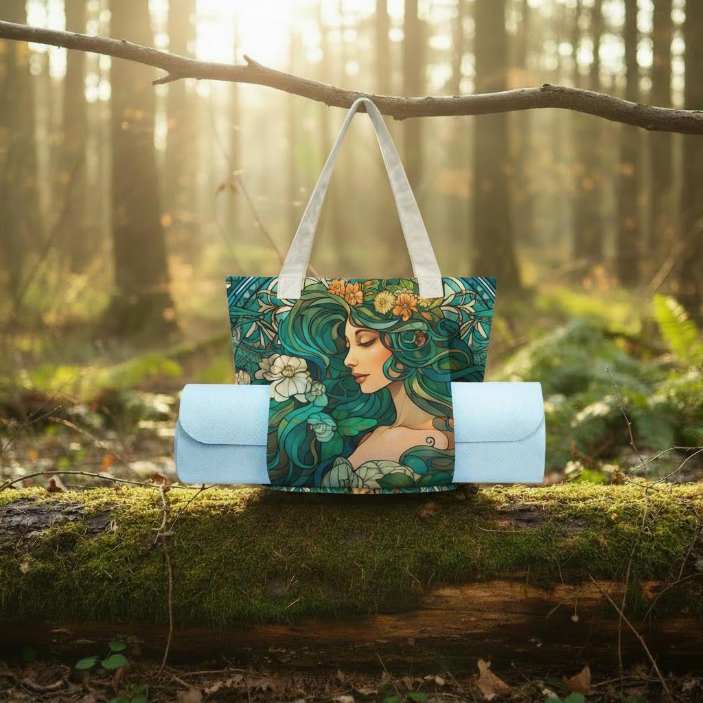 Art Nouveau Yoga Tote Bag with Mat Holder – Large Cotton Linen Fitness Shoulder Tote