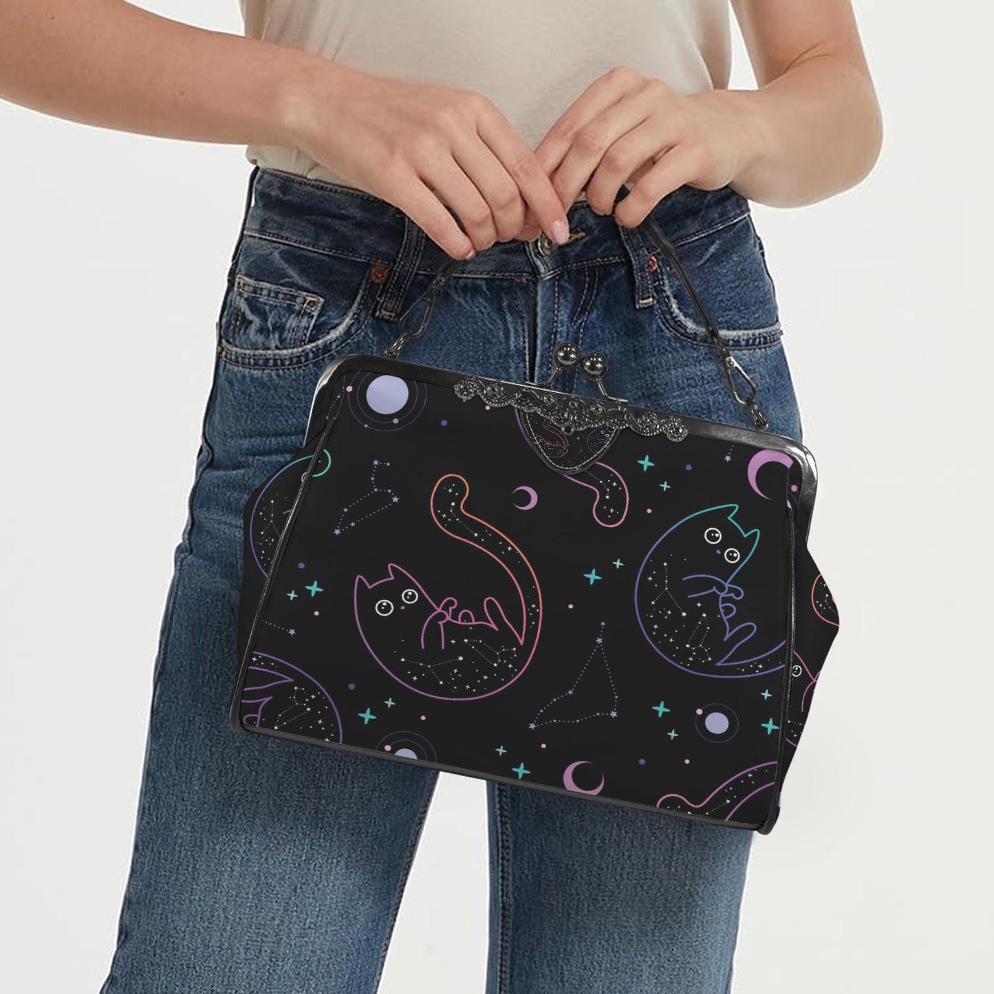 Dark Academia Space Cat Vintage Kisslock Bag - Victorian Gothic Crossbody