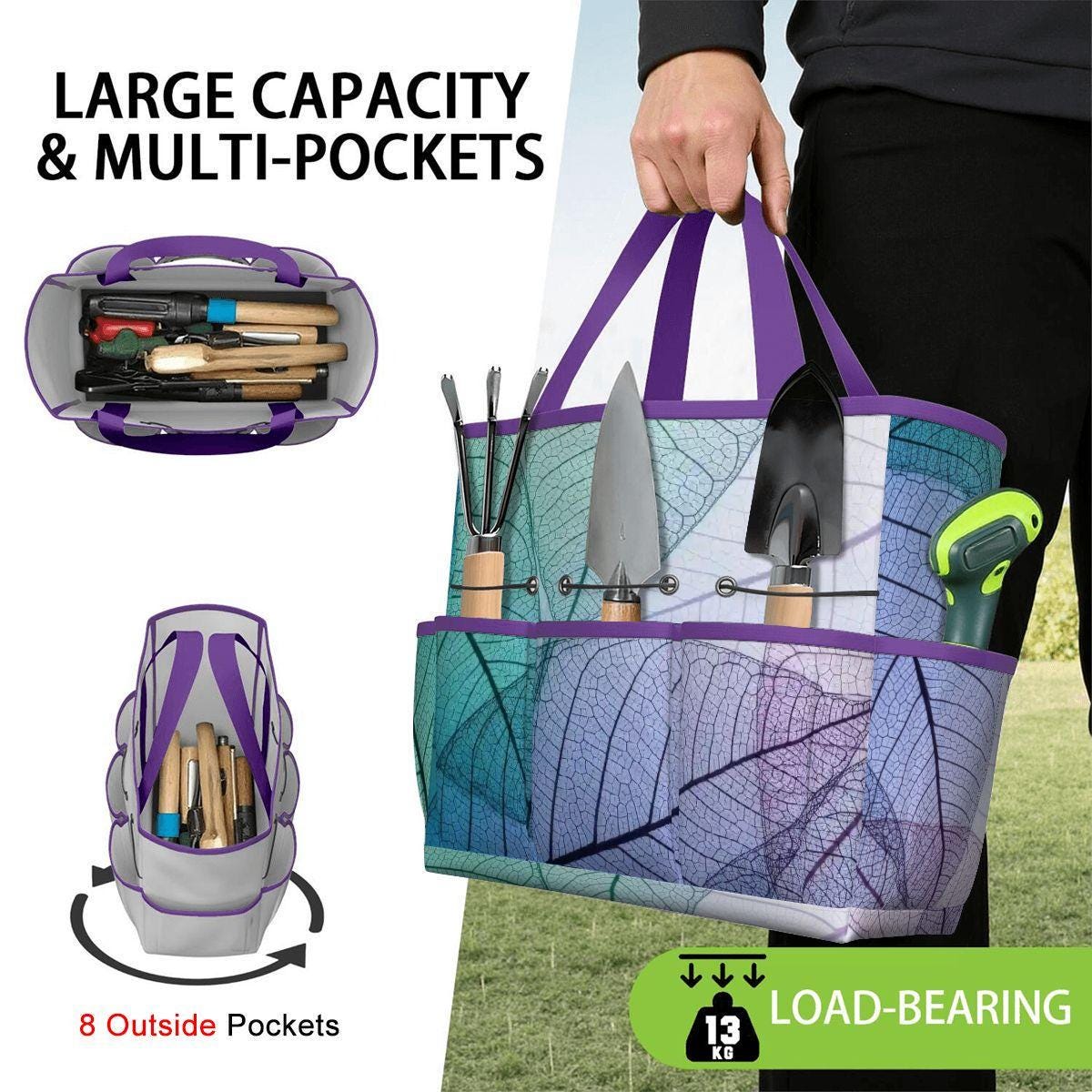 Translucent Leaves Gardening Tool Organizer Bag – Blue to Purple Gradient Tote