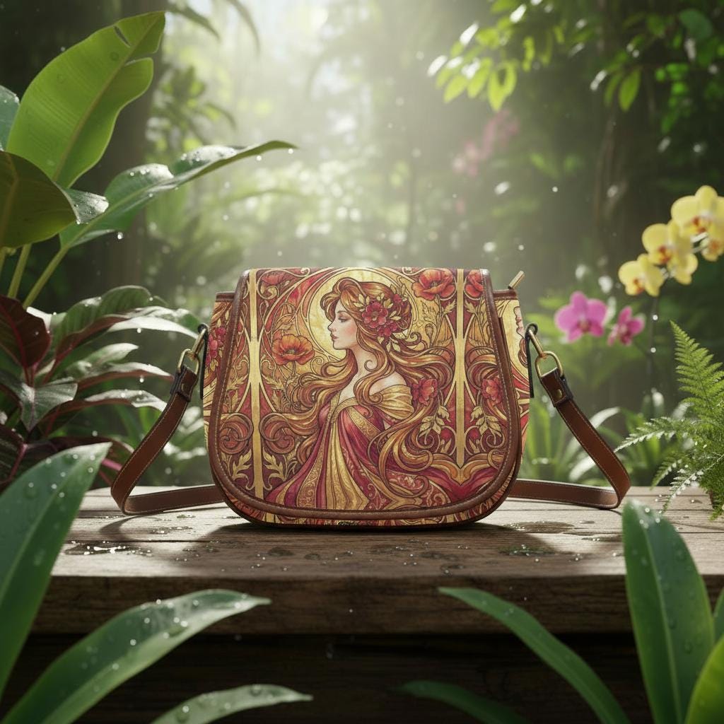 Art Nouveau Floral Saddle Bag, Romantic Crossbody or Shoulder Handbag