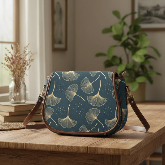 Black Gold Ginkgo Leaf Vintage Saddle Bag – Dark Academia Botanical Handbag