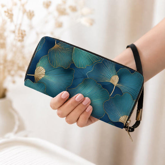 Blue Gold Ginkgo Leaves Clutch Wallet – Elegant Botanical Vegan Purse