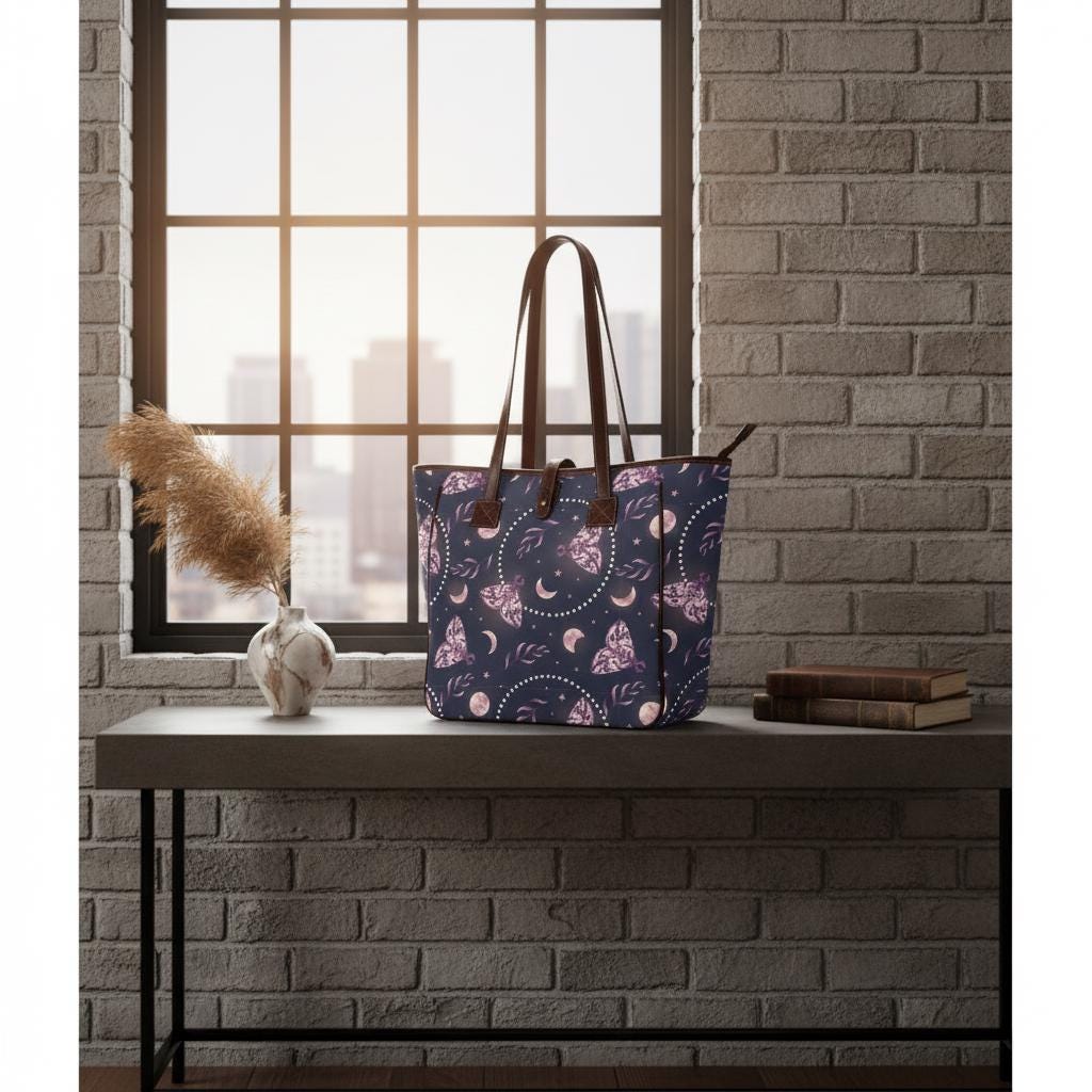 Classic Large Moths & Moon Tote Bag – Dark Academia Waterproof Shopper