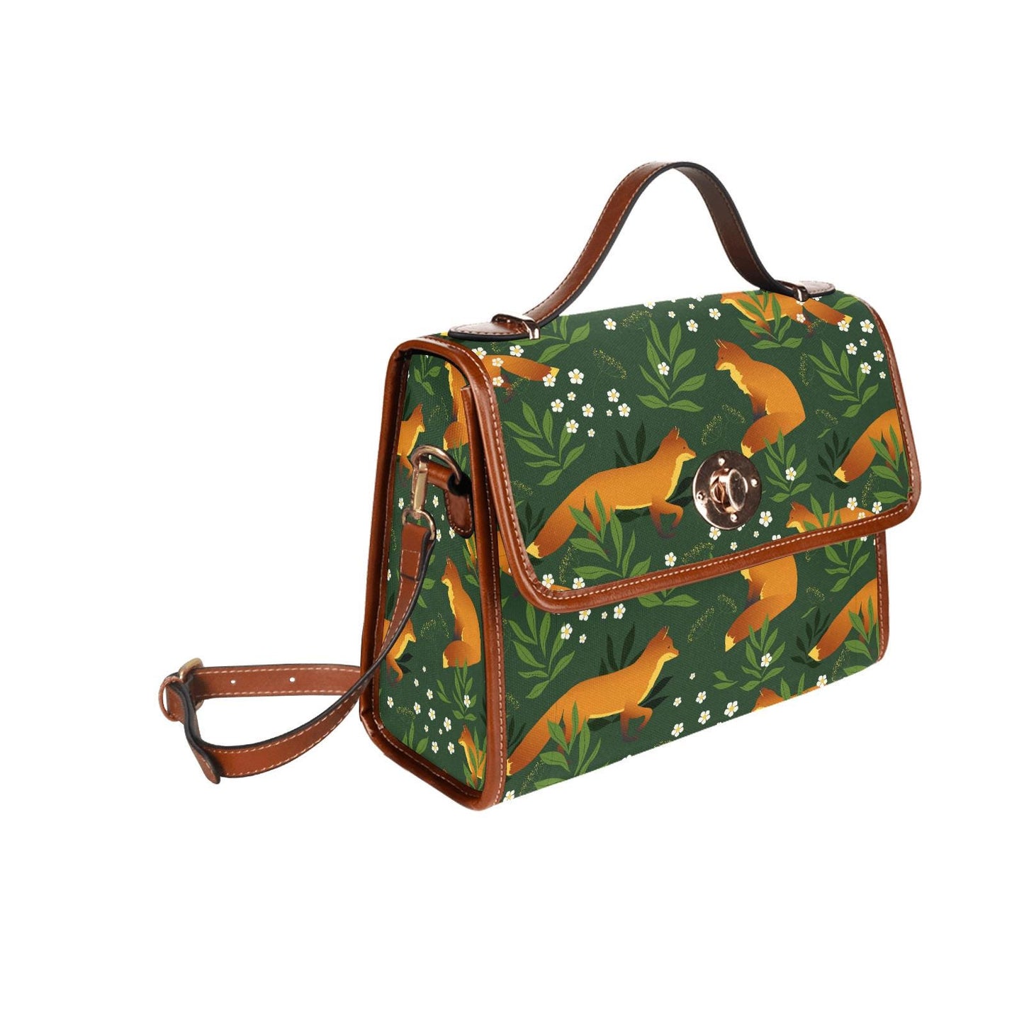 Retro Fox Forest Canvas Crossbody Bag – Green Orange Vintage Style Handbag