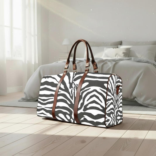 Black White Zebra Print Travel Bag – Waterproof Vegan Weekender Duffle