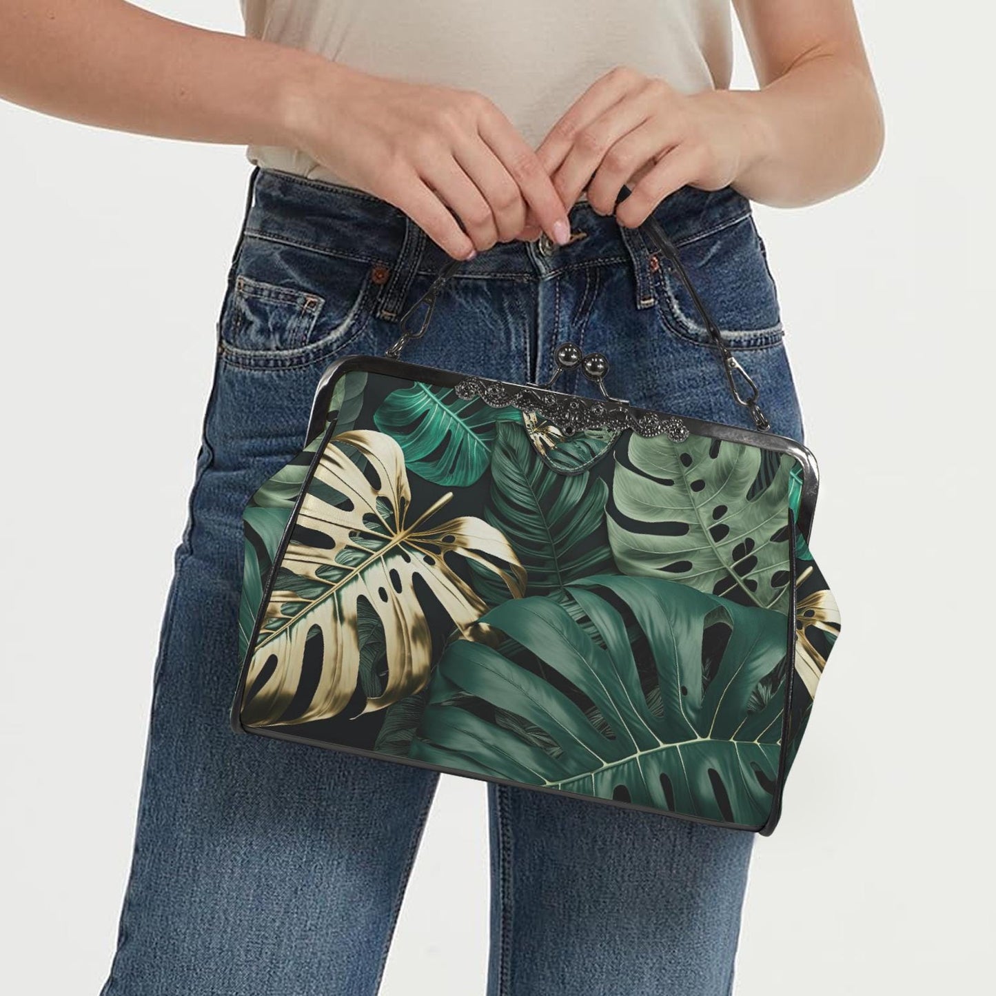 Retro Green Gold Monstera Leaf Handbag - Botanical Kisslock Crossbody Shoulder Bag