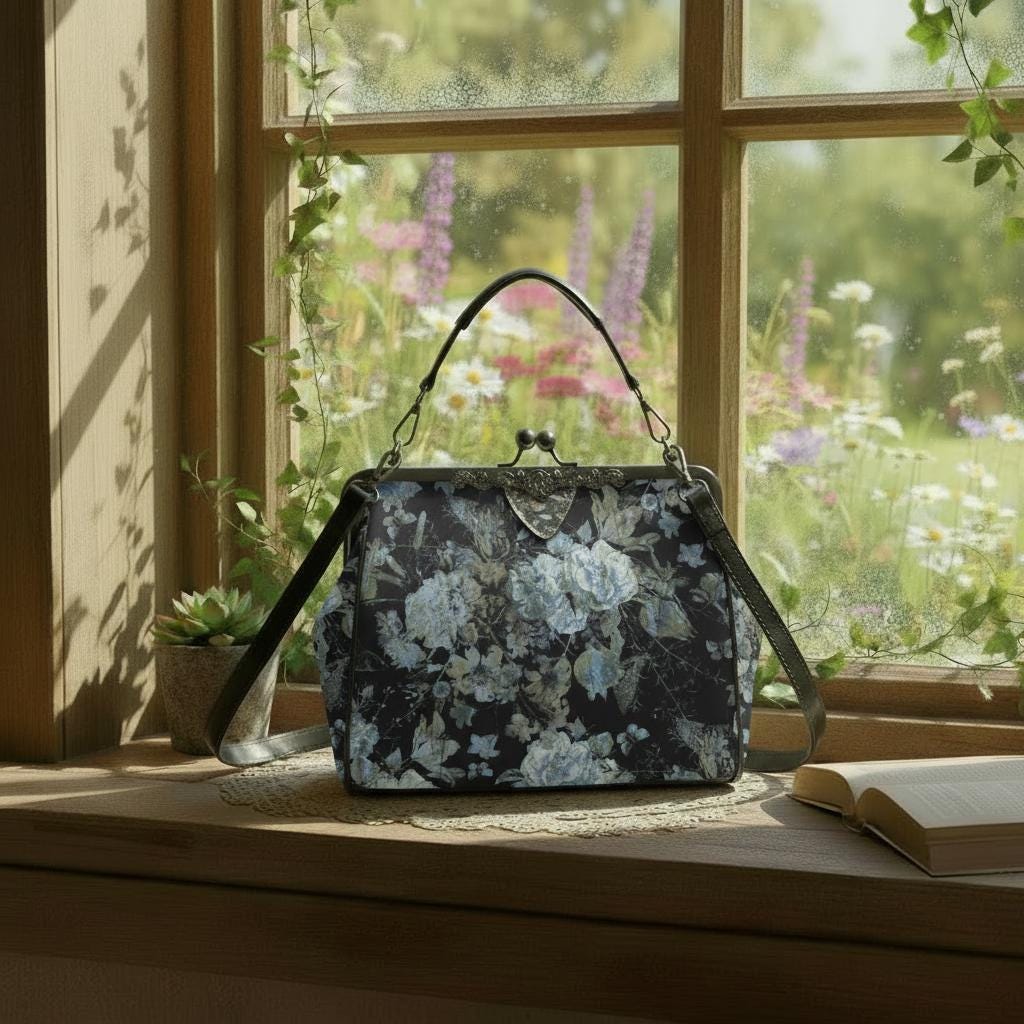 Dark Academia Moody Floral Vintage Kisslock Bag - Victorian Gothic Crossbody