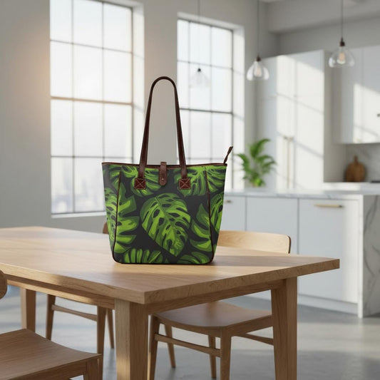 70s Retro Monstera Leaf Tote Bag – Large Dark Academia Zip Handbag