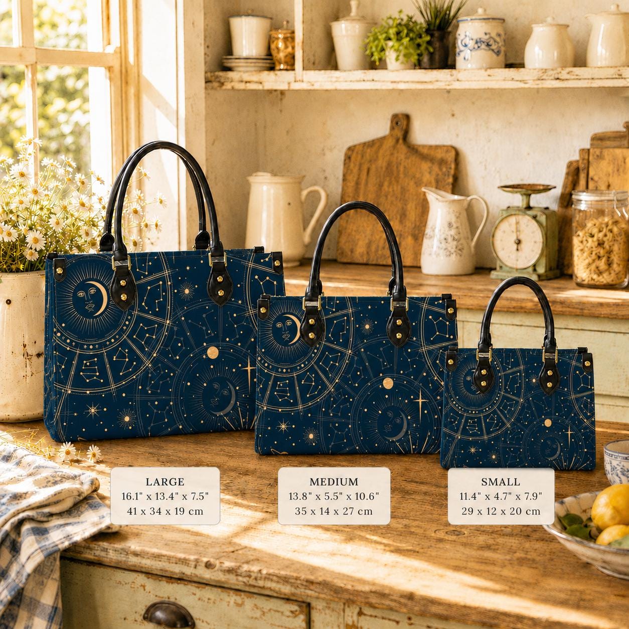 Dunkle Astrologie Himmlische Handtasche in 3 Größen - Blau Gelb Planeten Sterne Umhängetasche