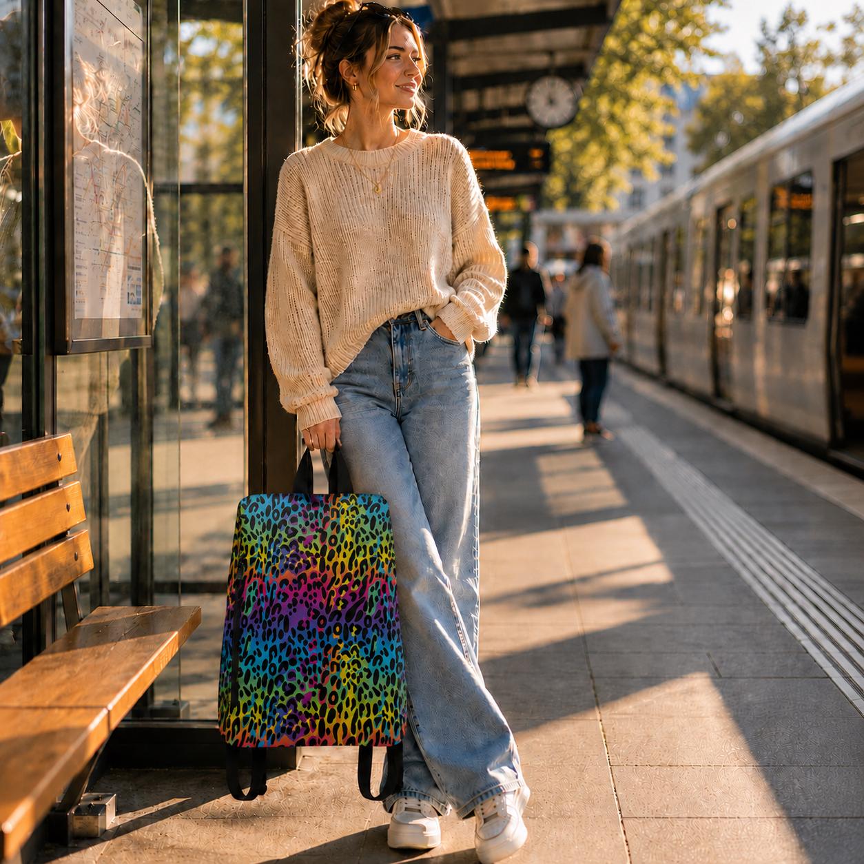 Rainbow Leopard Canvas Backpack – Cheetah Print Daypack