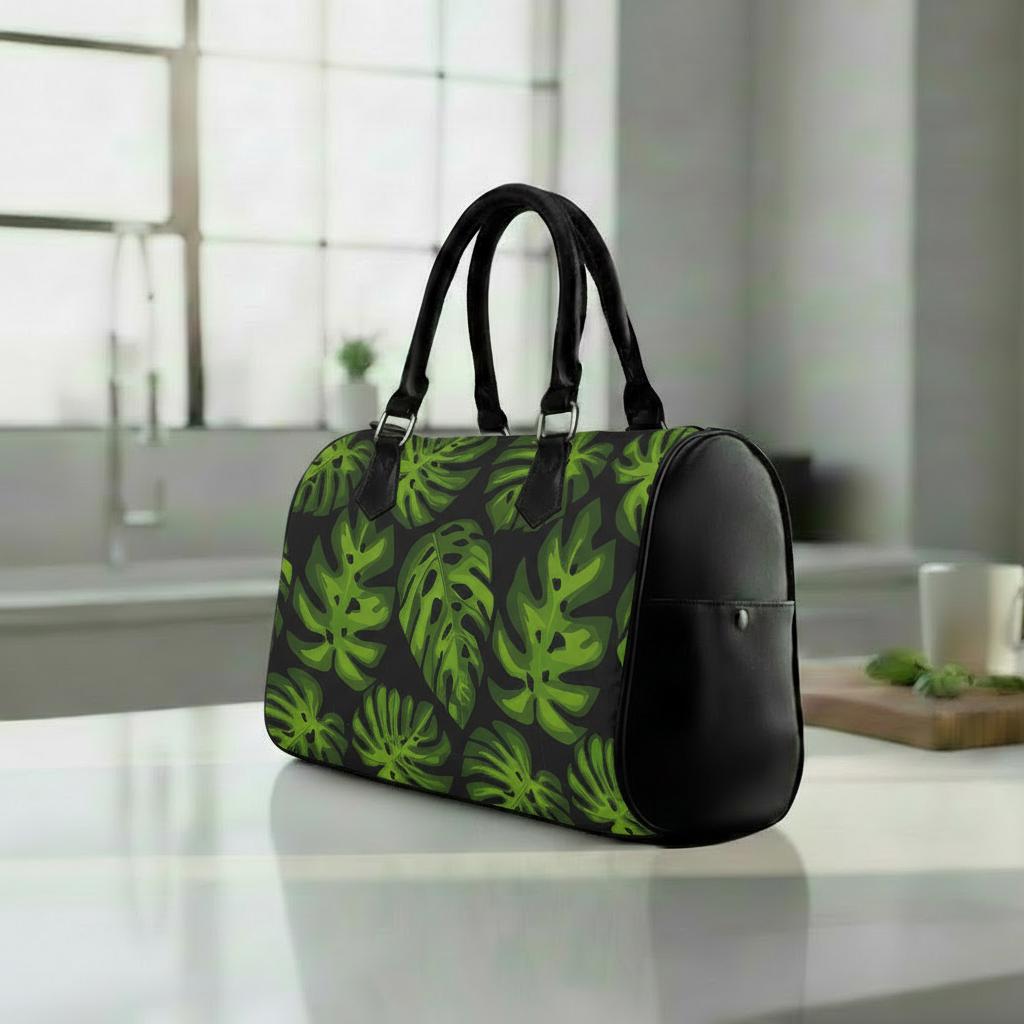 Retro 60s Monstera Print Barrel Handbag – Black Green Botanical Bag