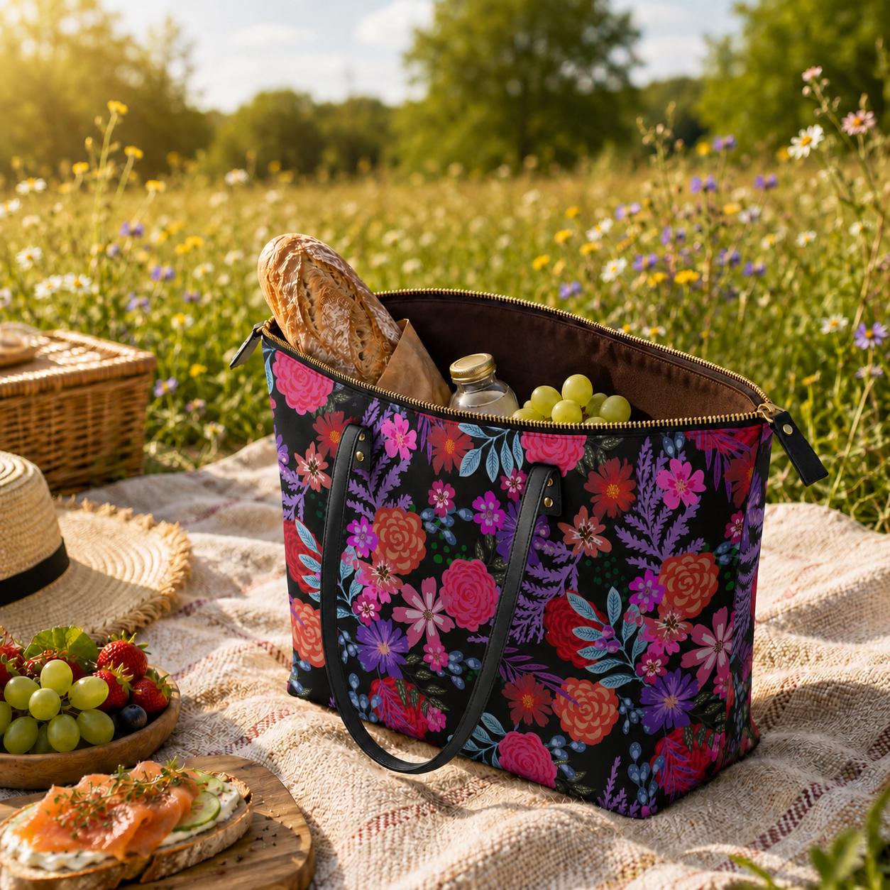 Bold Floral Roomy Tote Bag - Large Shoulder Handbag Black Pink Purple Shopper