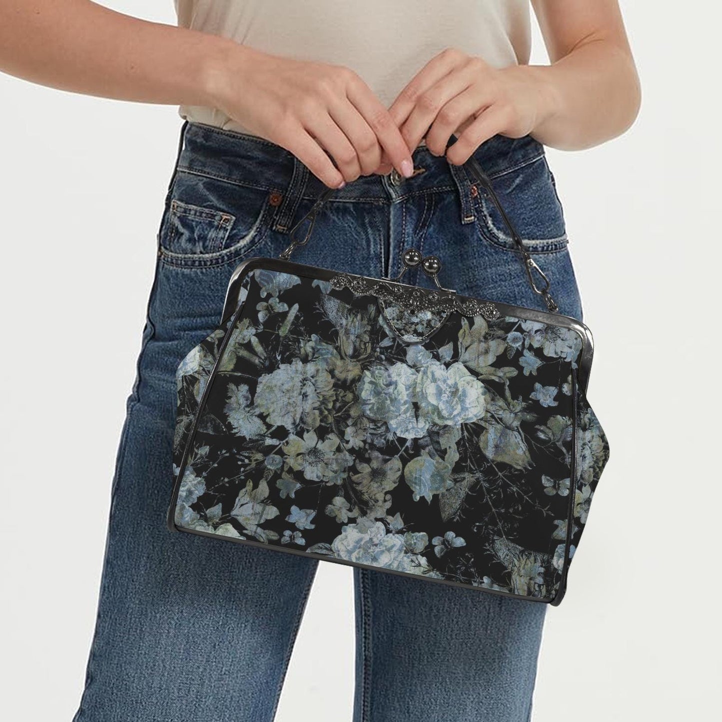 Dark Academia Moody Floral Vintage Kisslock Bag - Victorian Gothic Crossbody